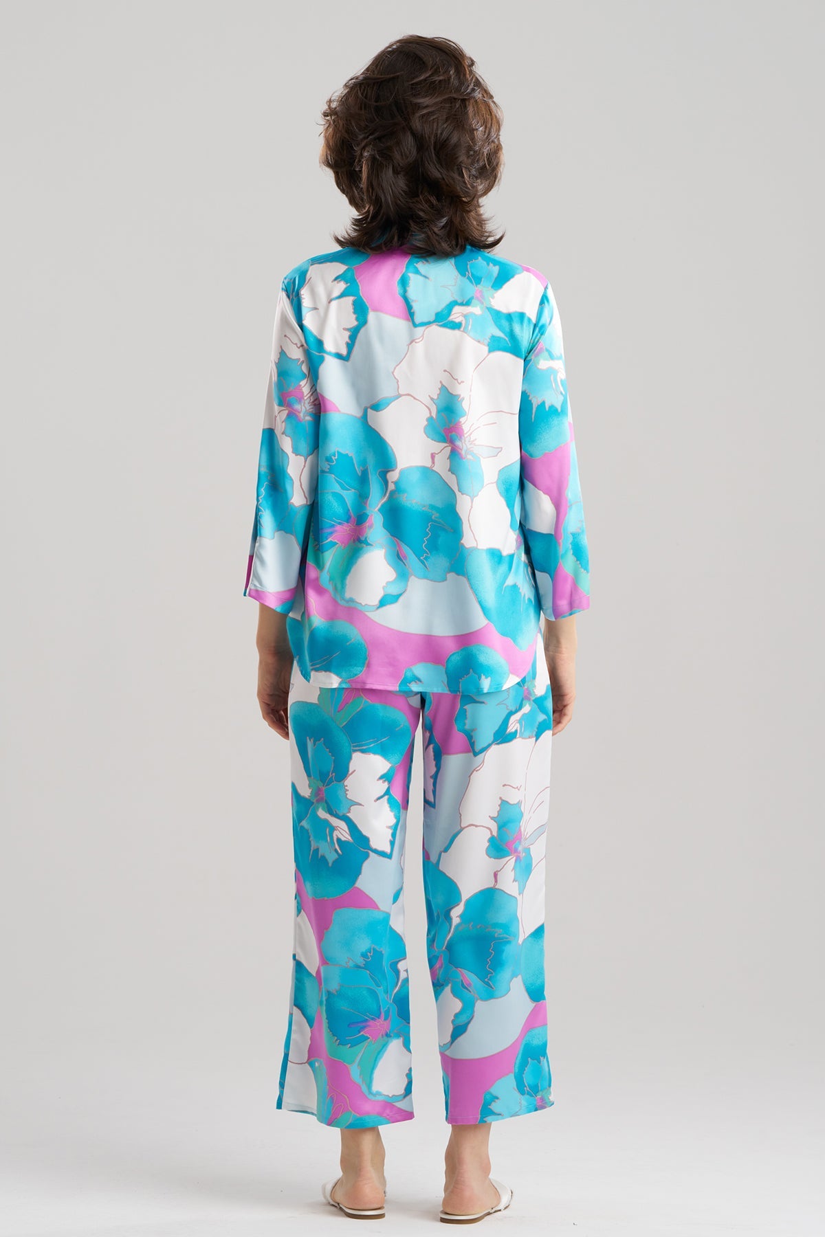 Floria Printed Satin Mandarin PJ Set Blue Natori