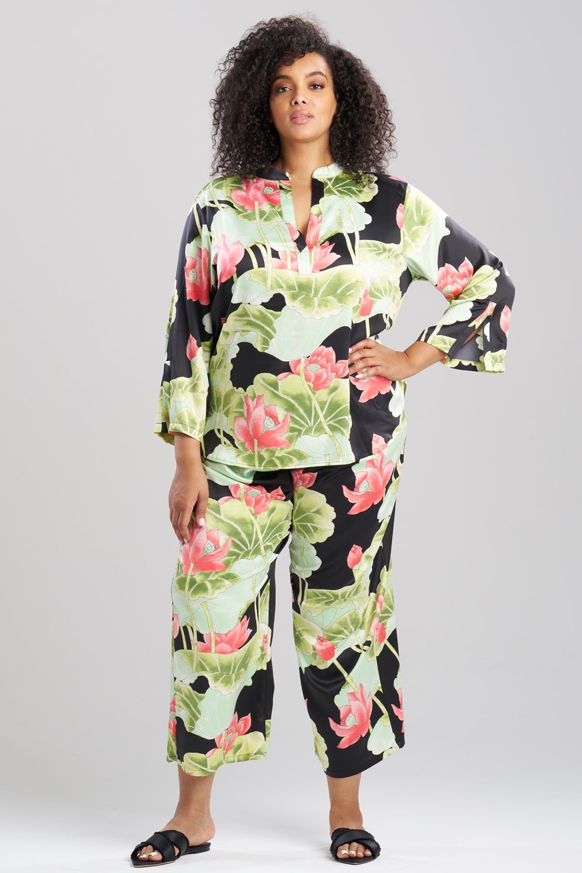 Ascendant Lotus Printed Satin Mandarin PJ Set Black Natori