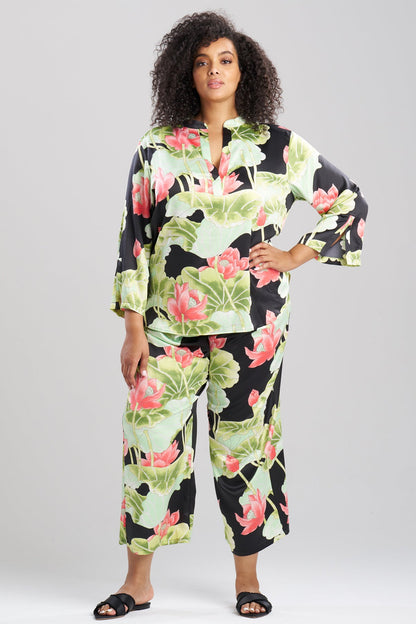 Ascendant Lotus Printed Satin Mandarin PJ Set Black Natori