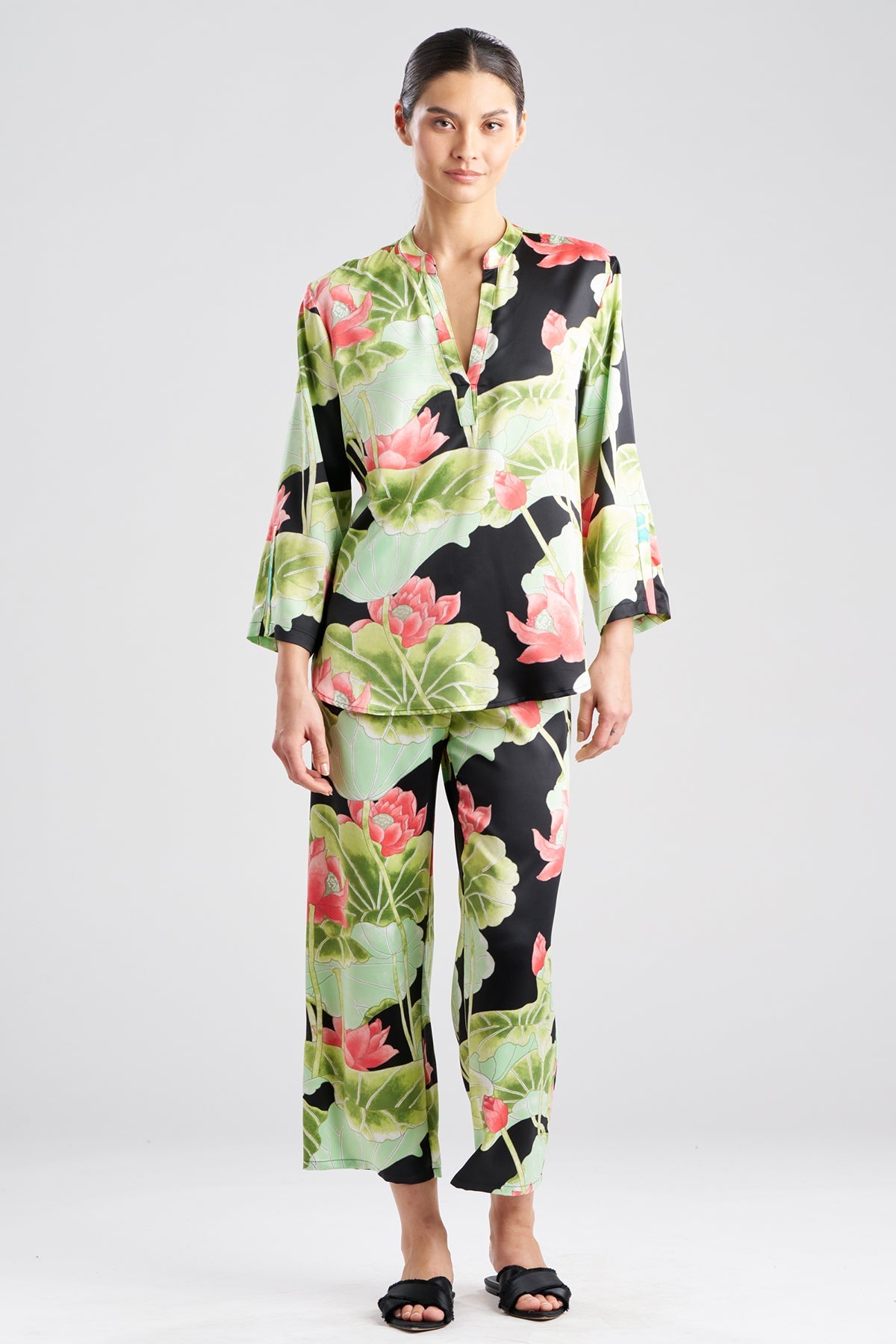Ascendant Lotus Printed Satin Mandarin PJ Set Black Natori