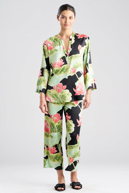 Ascendant Lotus Printed Satin Mandarin PJ Set Black Natori