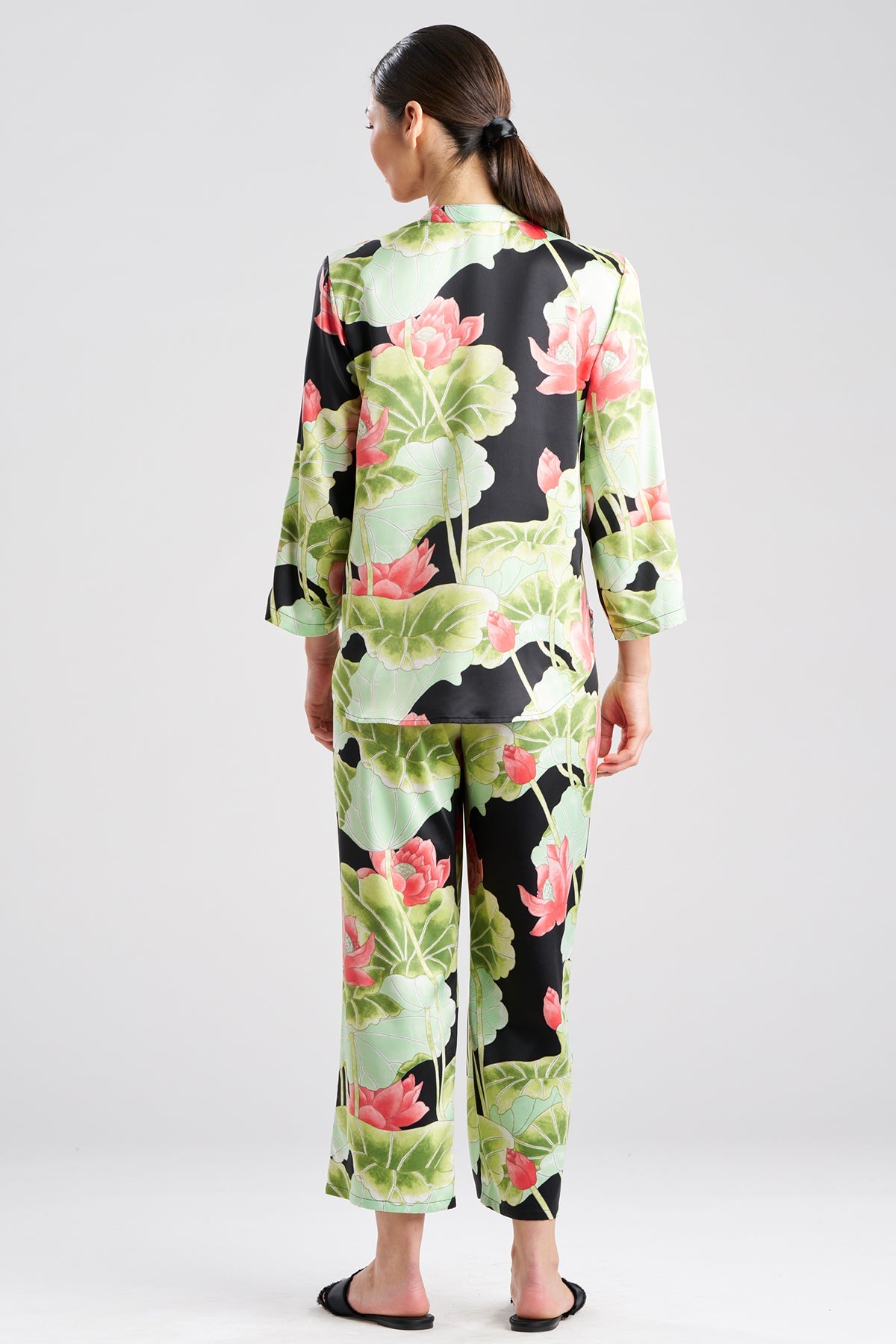 Ascendant Lotus Printed Satin Mandarin PJ Set Black Natori