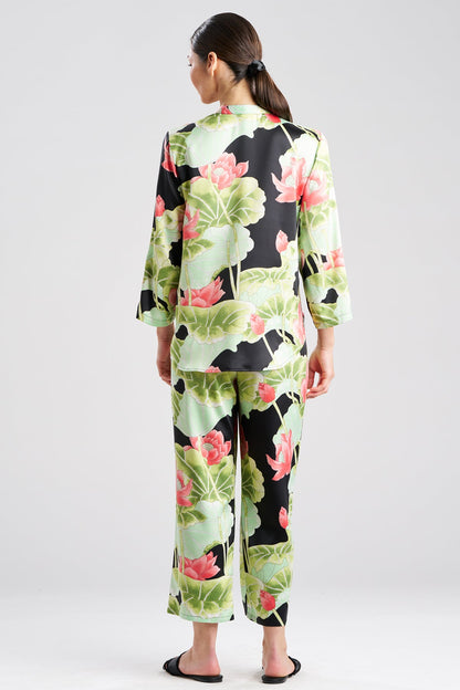 Ascendant Lotus Printed Satin Mandarin PJ Set Black Natori