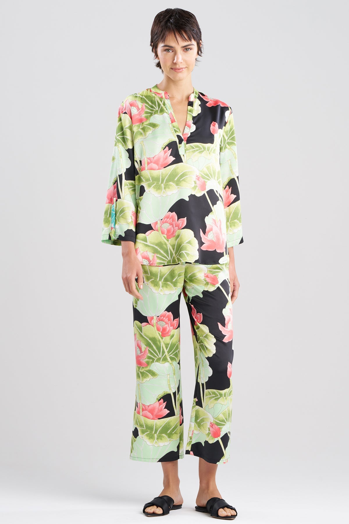 Ascendant Lotus Printed Satin Mandarin PJ Set Black Natori
