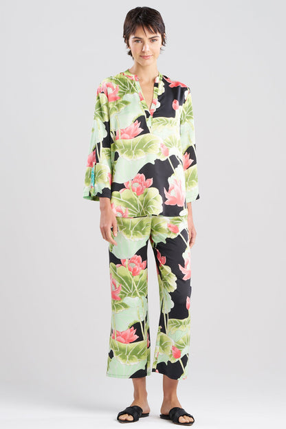 Ascendant Lotus Printed Satin Mandarin PJ Set Black Natori