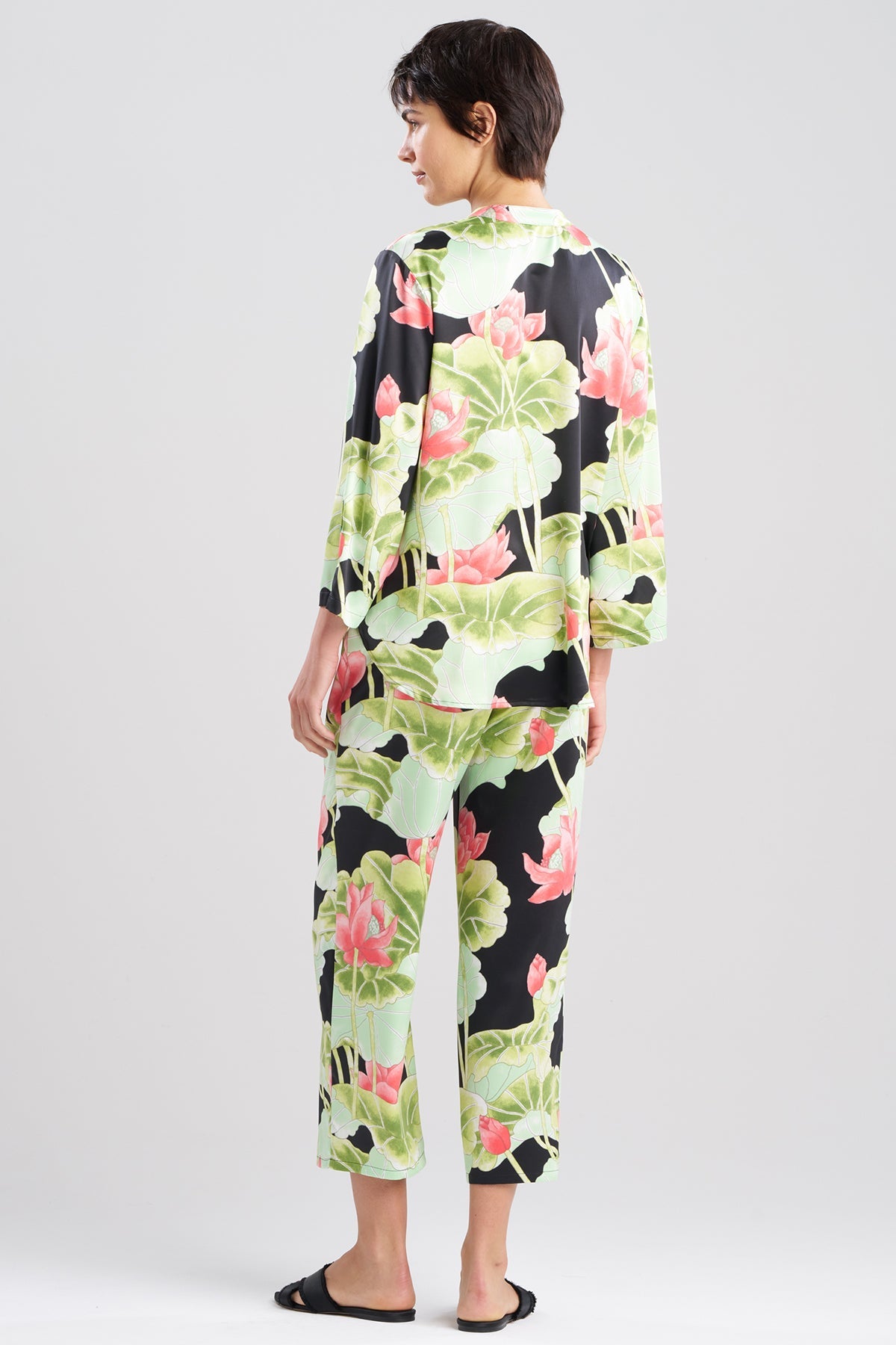 Ascendant Lotus Printed Satin Mandarin PJ Set Black Natori
