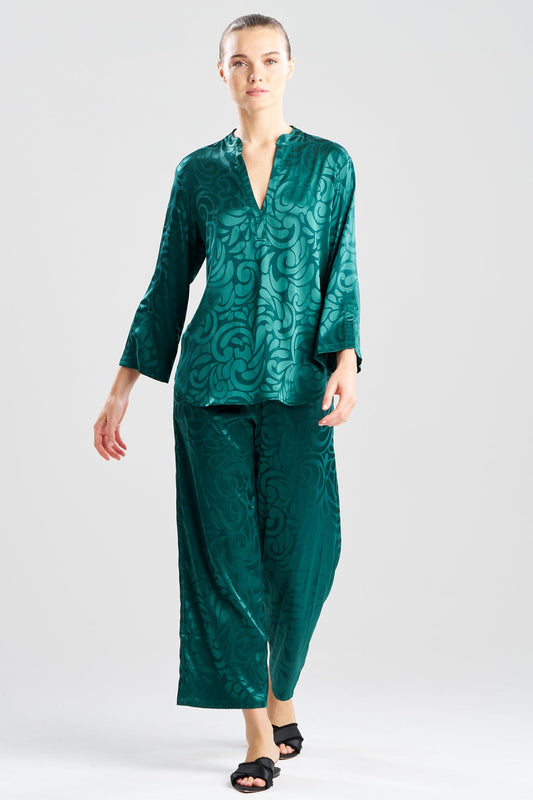 Scroll Satin Jacquard Long Sleeve PJ Cypress Green Natori