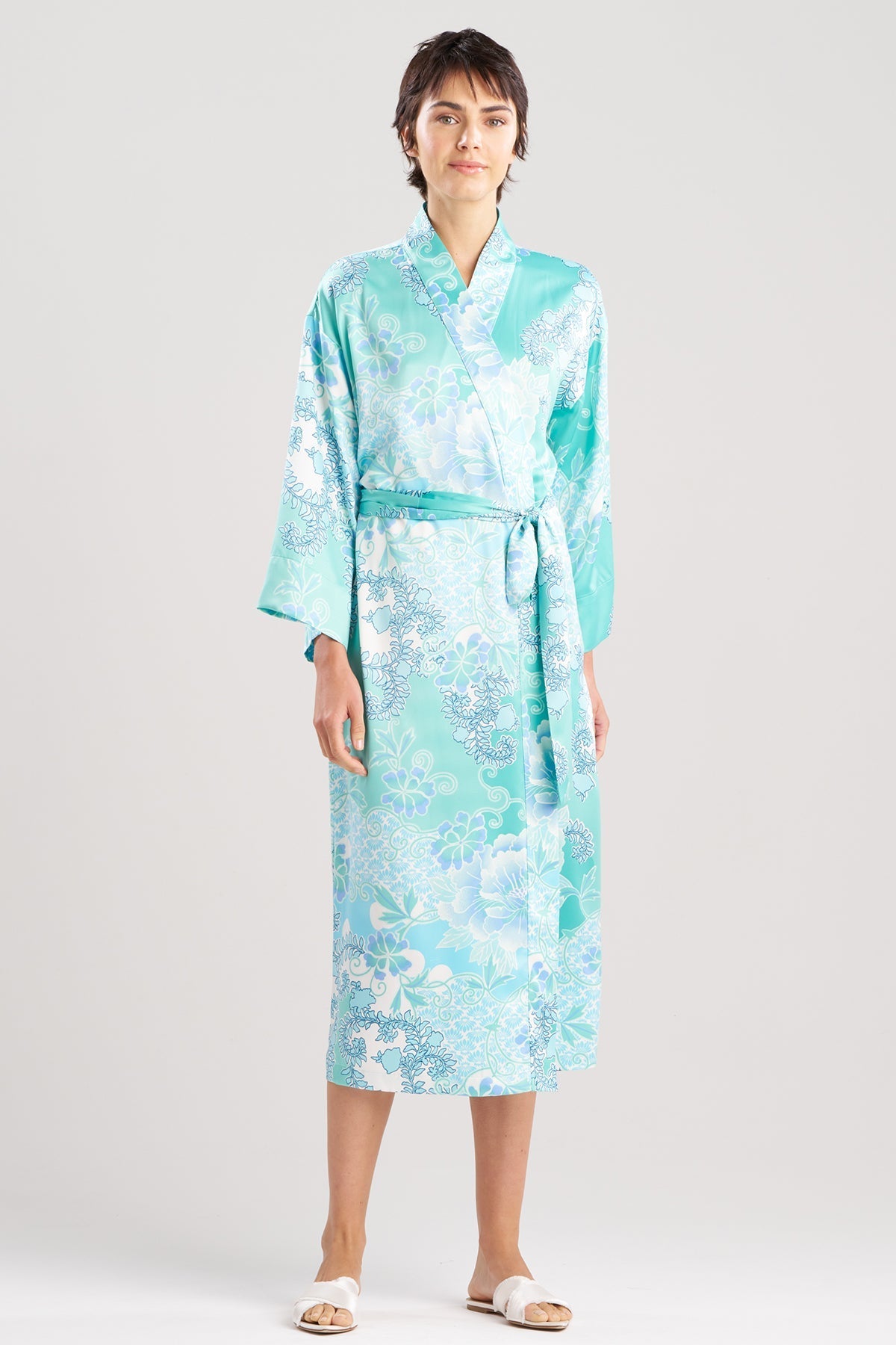 Flourish Printed Satin Robe Aqua Blue Natori
