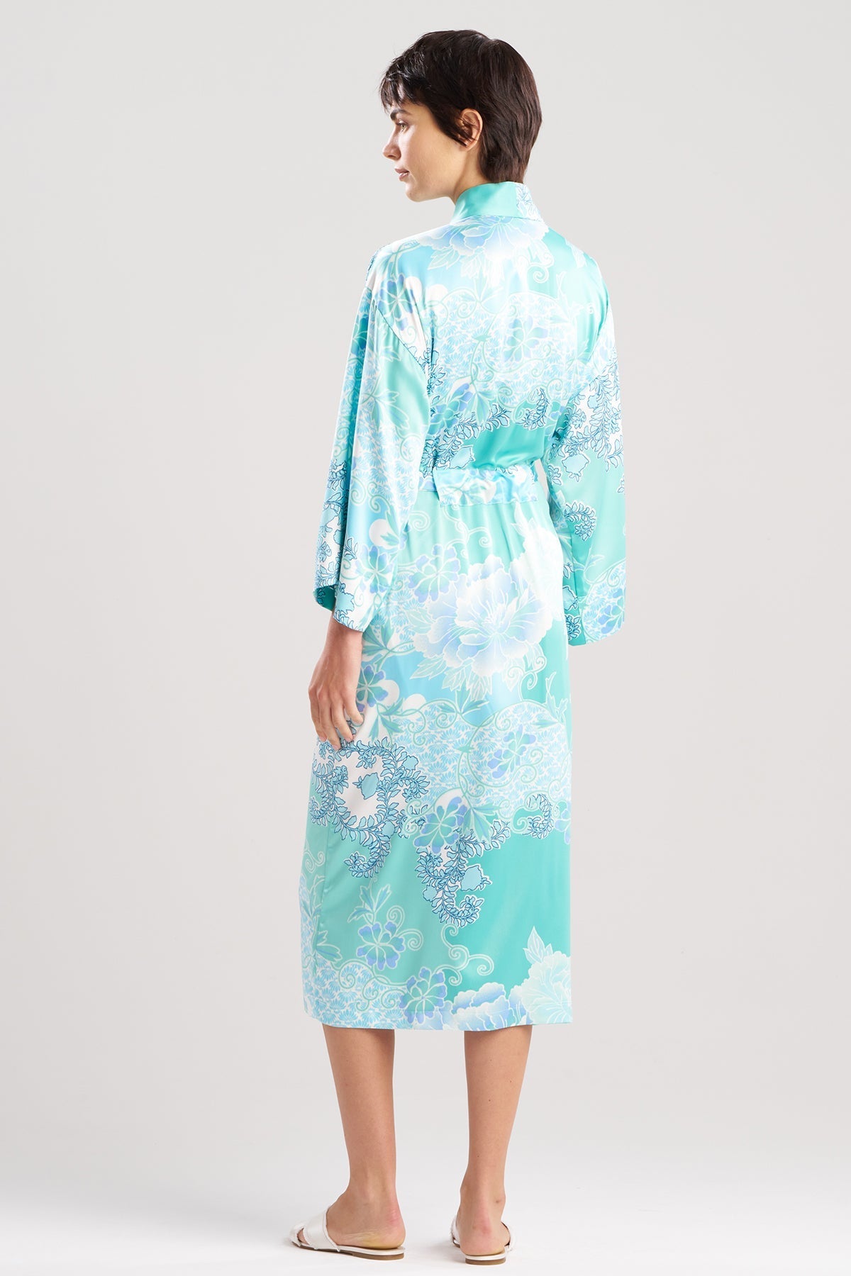 Flourish Printed Satin Robe Aqua Blue Natori