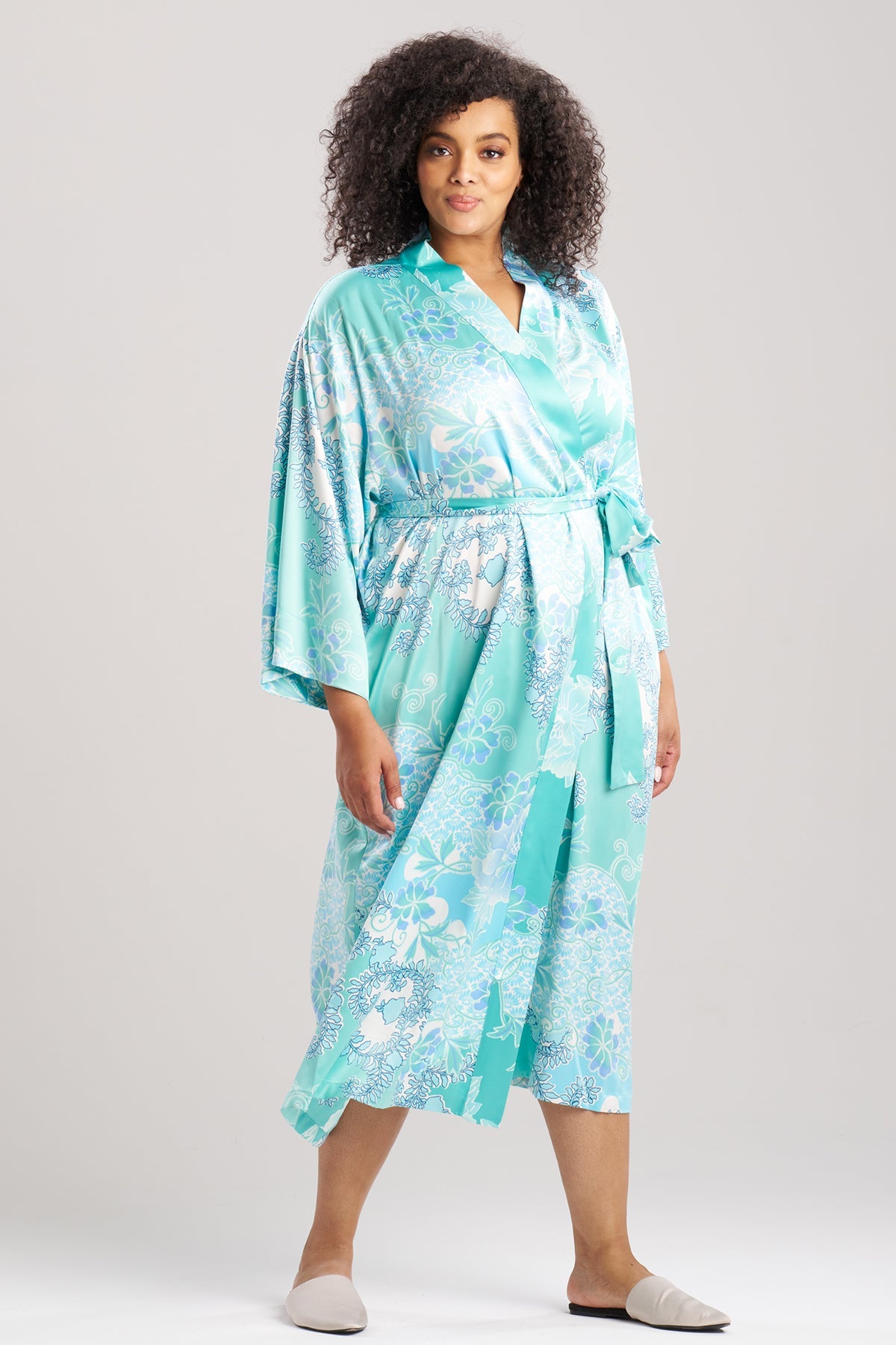 Flourish Printed Satin Robe Aqua Blue Natori