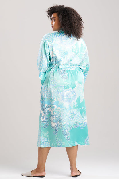 Flourish Printed Satin Robe Aqua Blue Natori