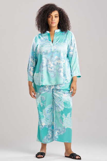 Flourish Printed Satin Mandarin PJ Aqua Blue Natori