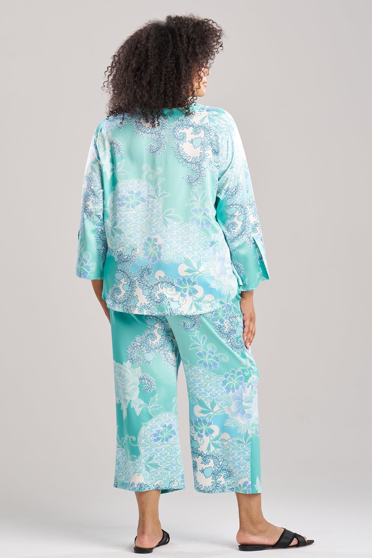 Flourish Printed Satin Mandarin PJ Aqua Blue Natori