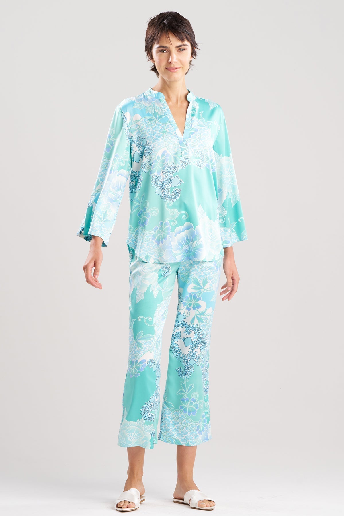 Flourish Printed Satin Mandarin PJ Aqua Blue Natori