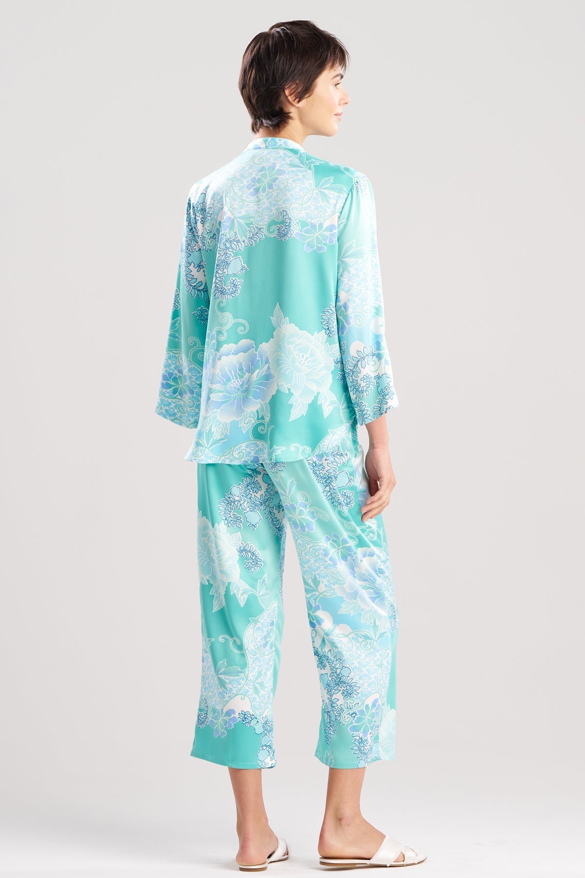 Flourish Printed Satin Mandarin PJ Aqua Blue Natori
