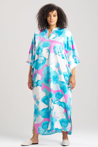 Floria Printed Satin Mandarin Caftan Blue Natori