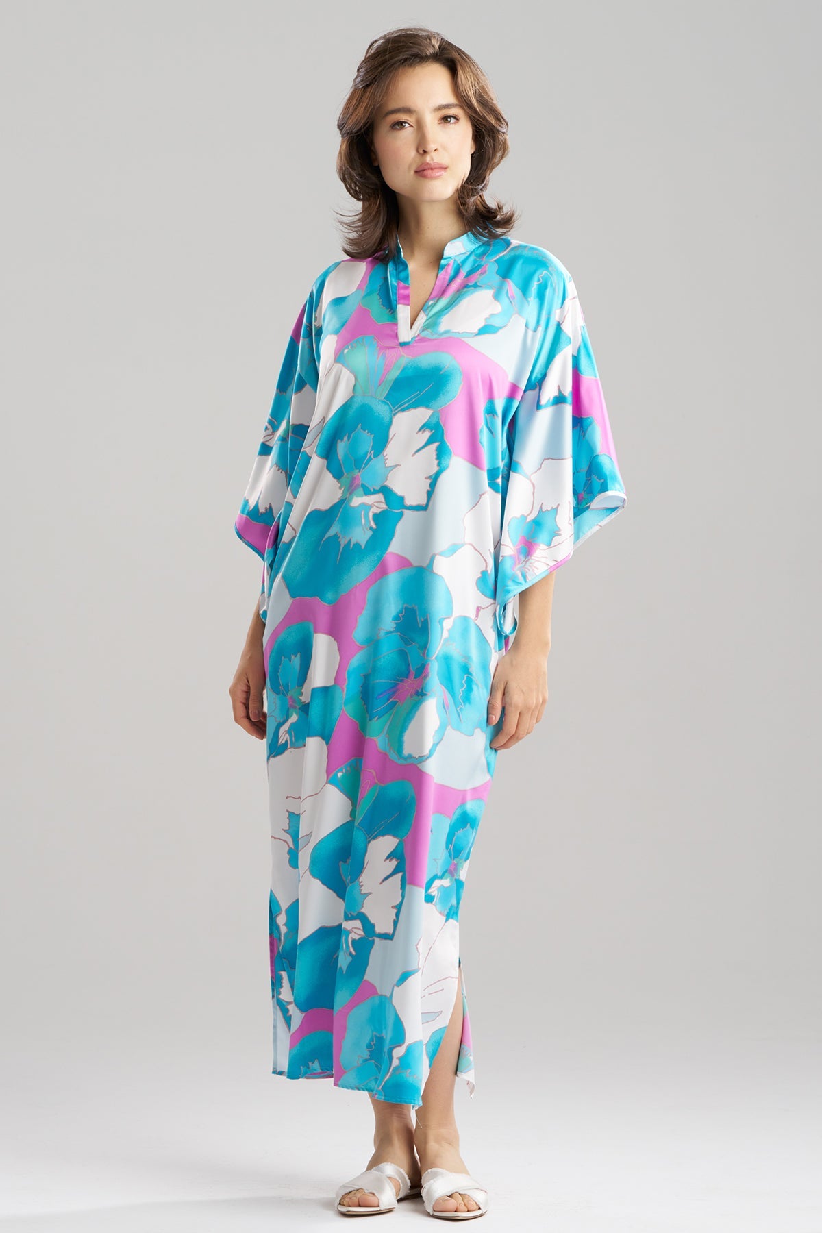 Floria Printed Satin Mandarin Caftan Blue Natori