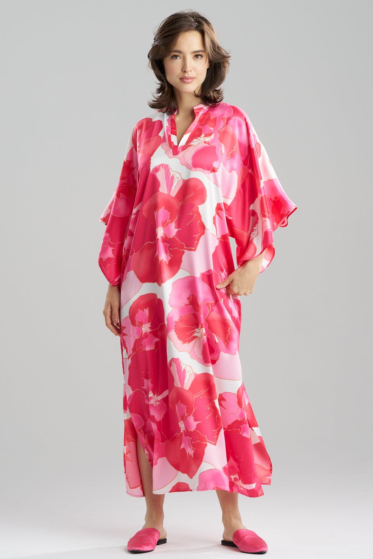Floria Printed Satin Mandarin Caftan Pink Natori