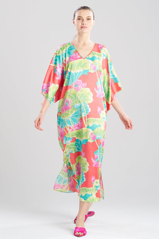 Ascendant Lotus Printed Satin Caftan Pink Multi Natori