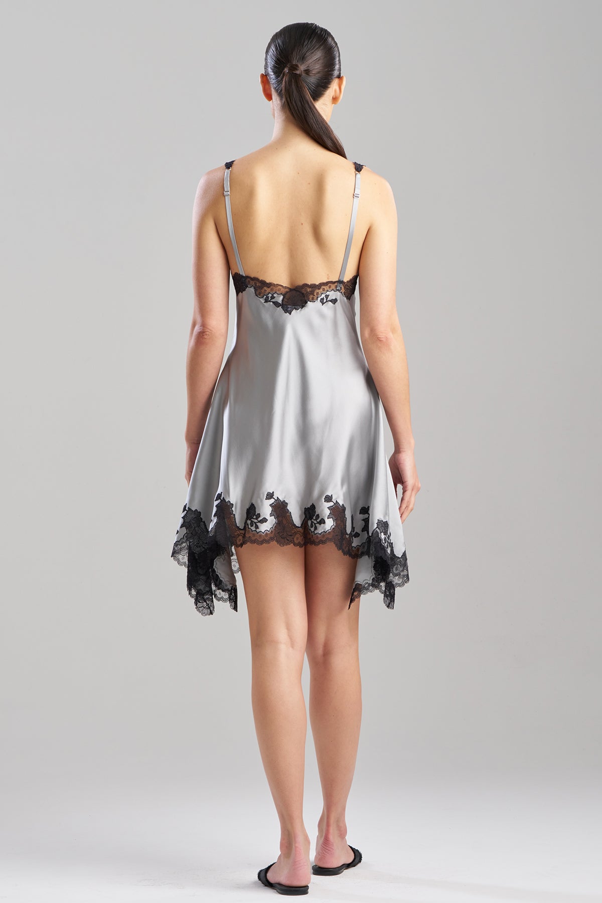 Lolita Lace V-Neck Silk Chemise Silver/Black Natori