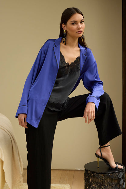 Satin Essentials Oversized Notch Shirt Blueberry Natori