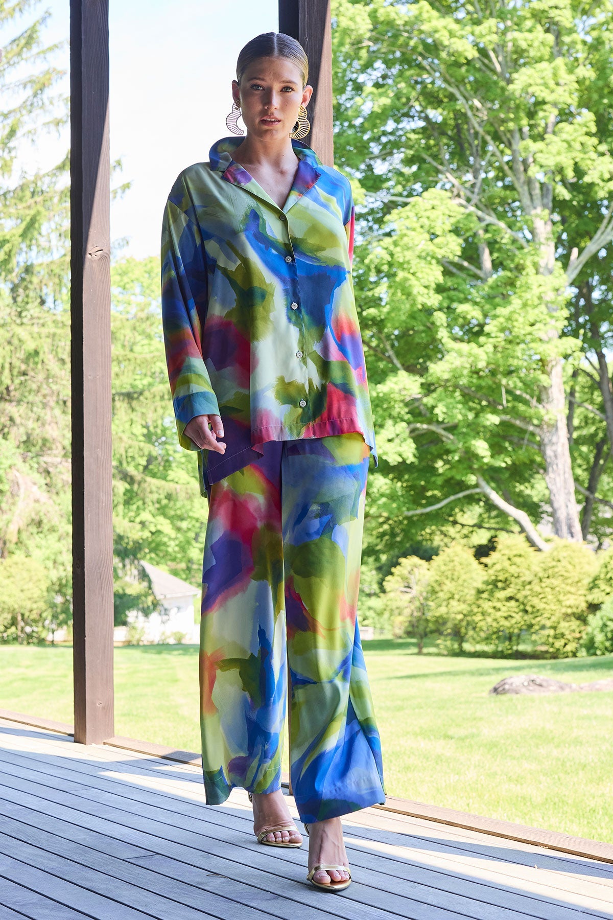Kumo Printed Stretch Satin Oversized Notch Shirt Kumo Multi Natori