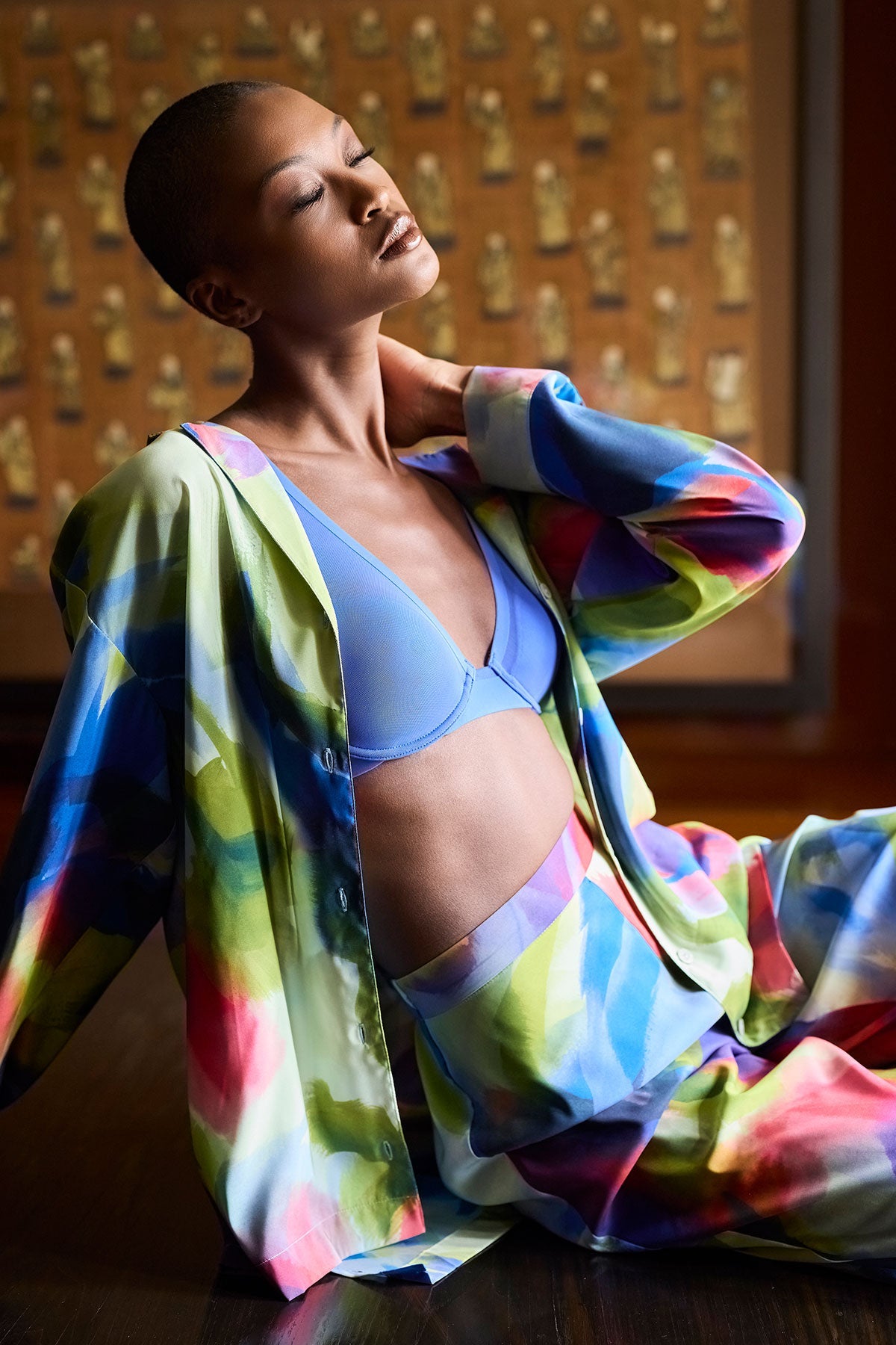 Kumo Printed Stretch Satin Oversized Notch Shirt Kumo Multi Natori