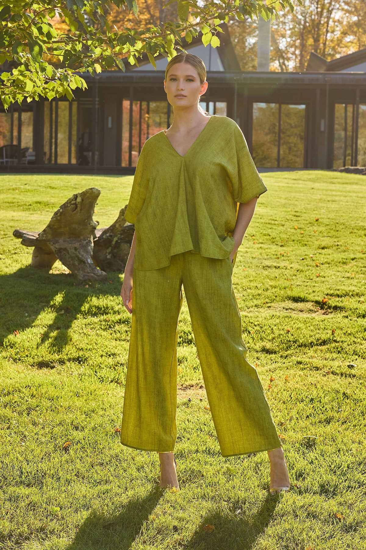 Terra Foil Crinkle Caftan Shirt Olive Natori