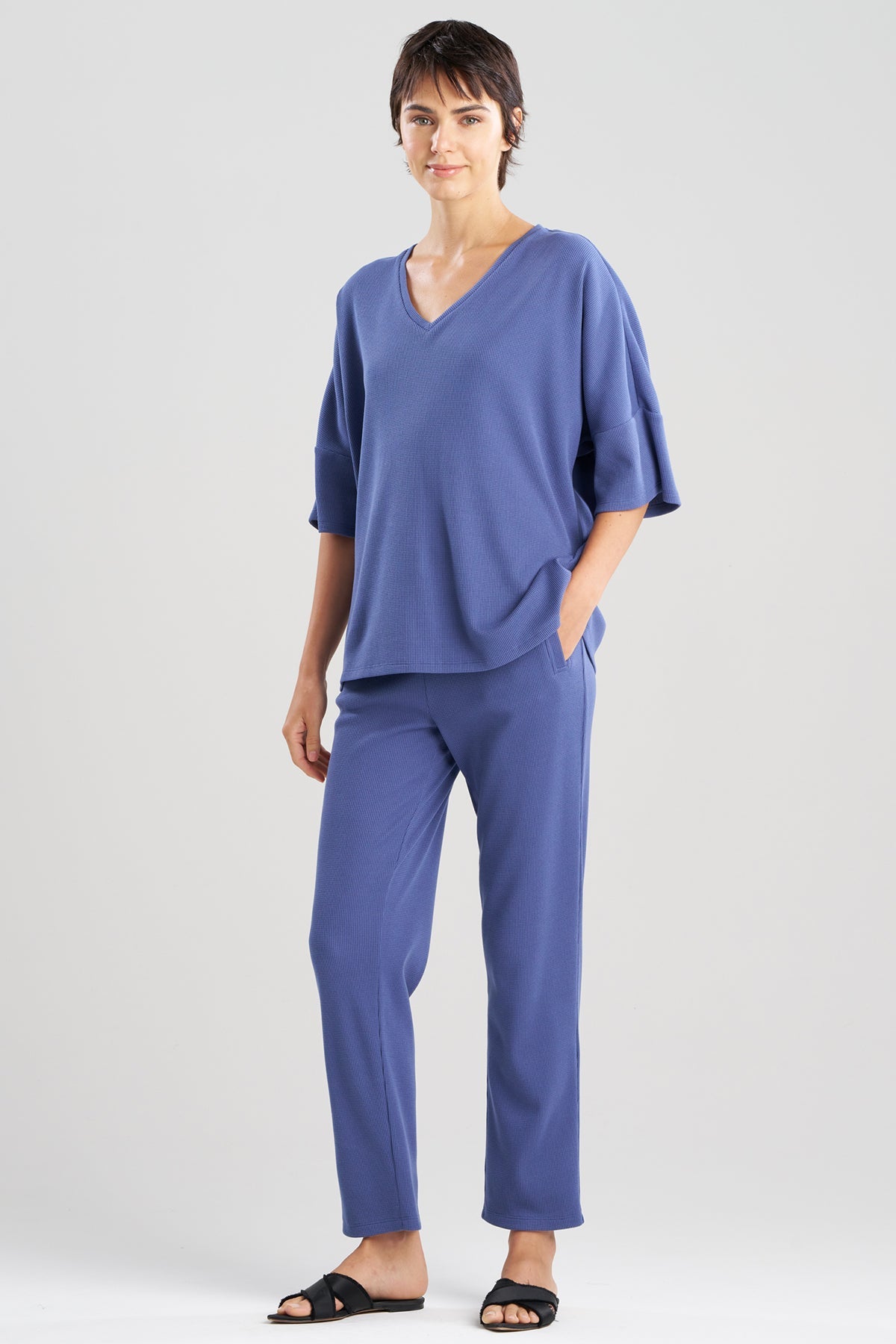 Tranquility Waffle V-Neck Top Indigo Natori