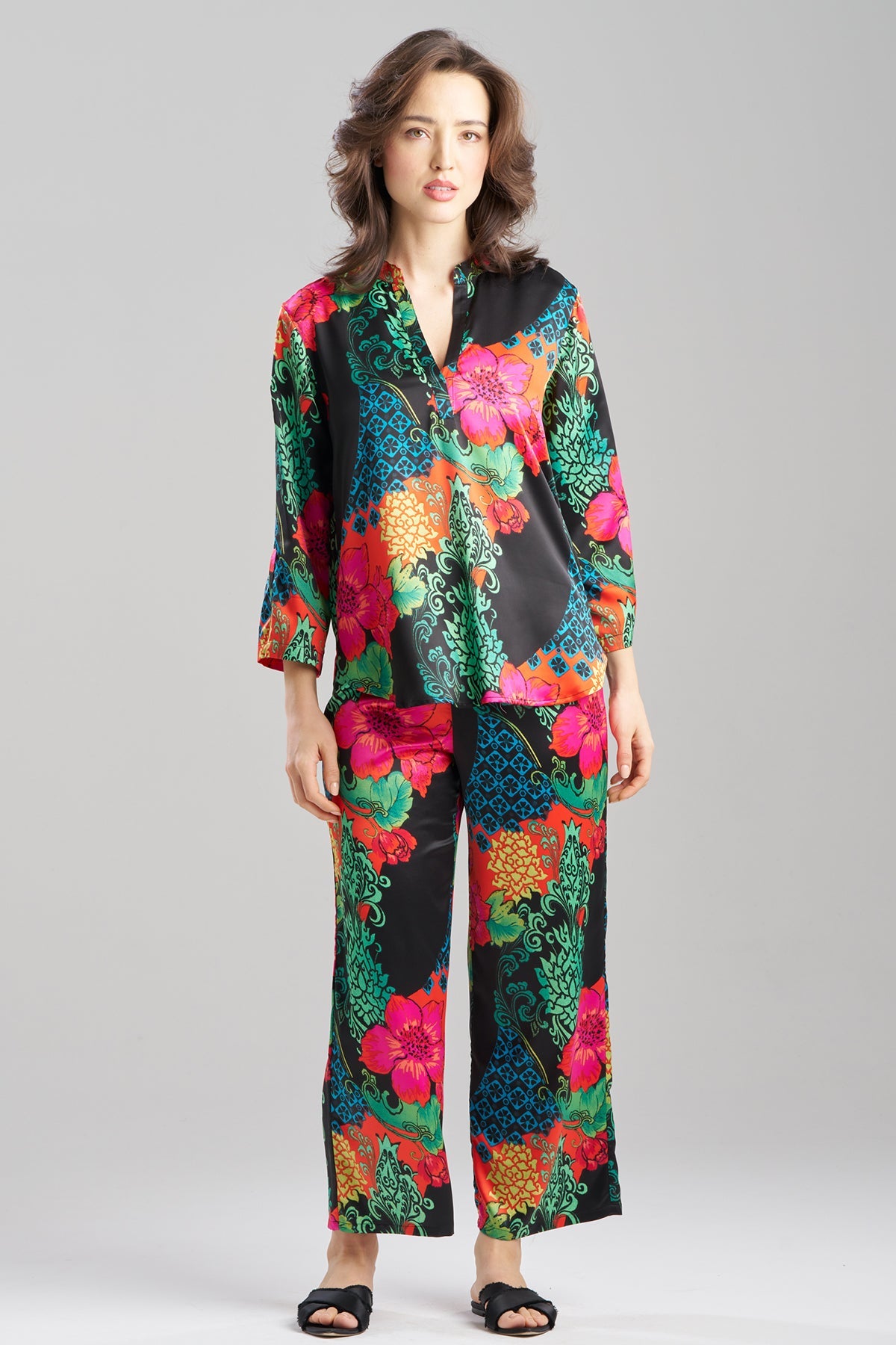 Harvest Printed Satin Mandarin PJ Set Harvest Black Natori