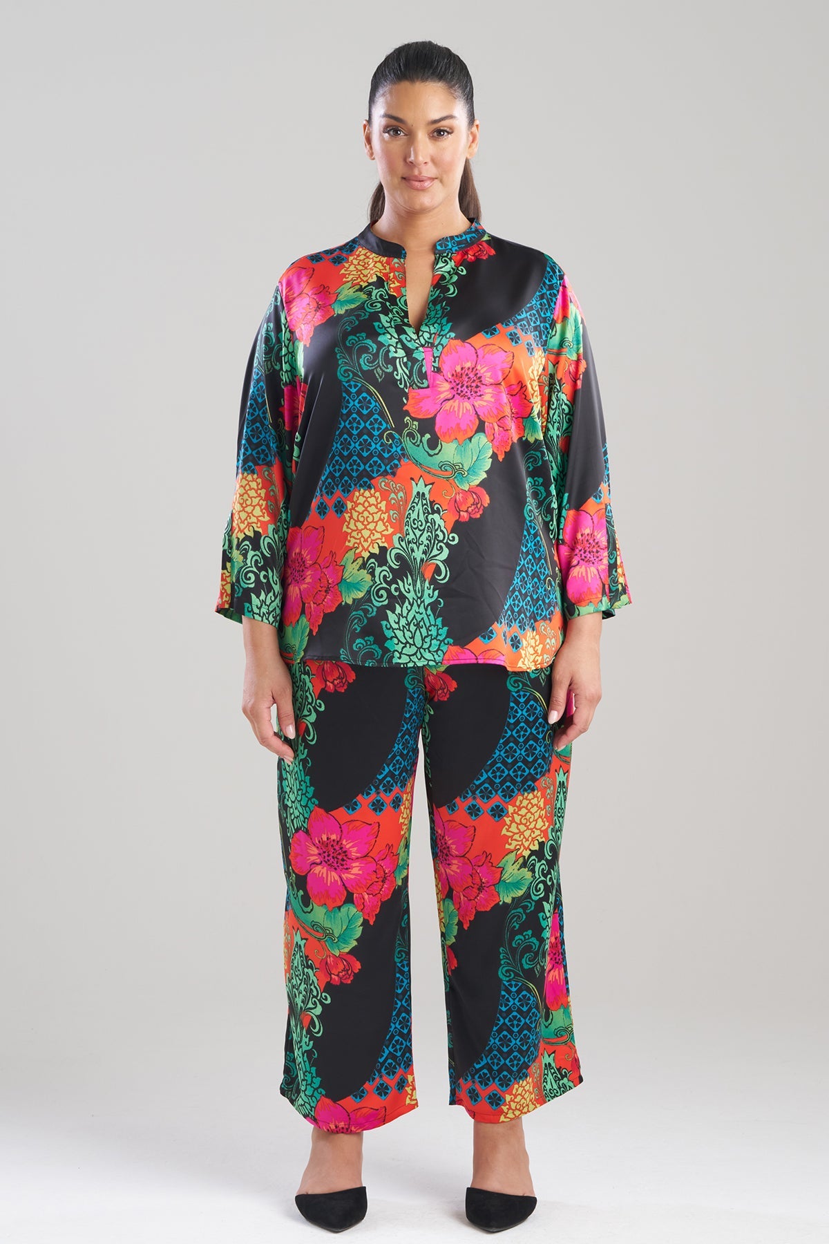 Harvest Printed Satin Mandarin PJ Set Harvest Black Natori