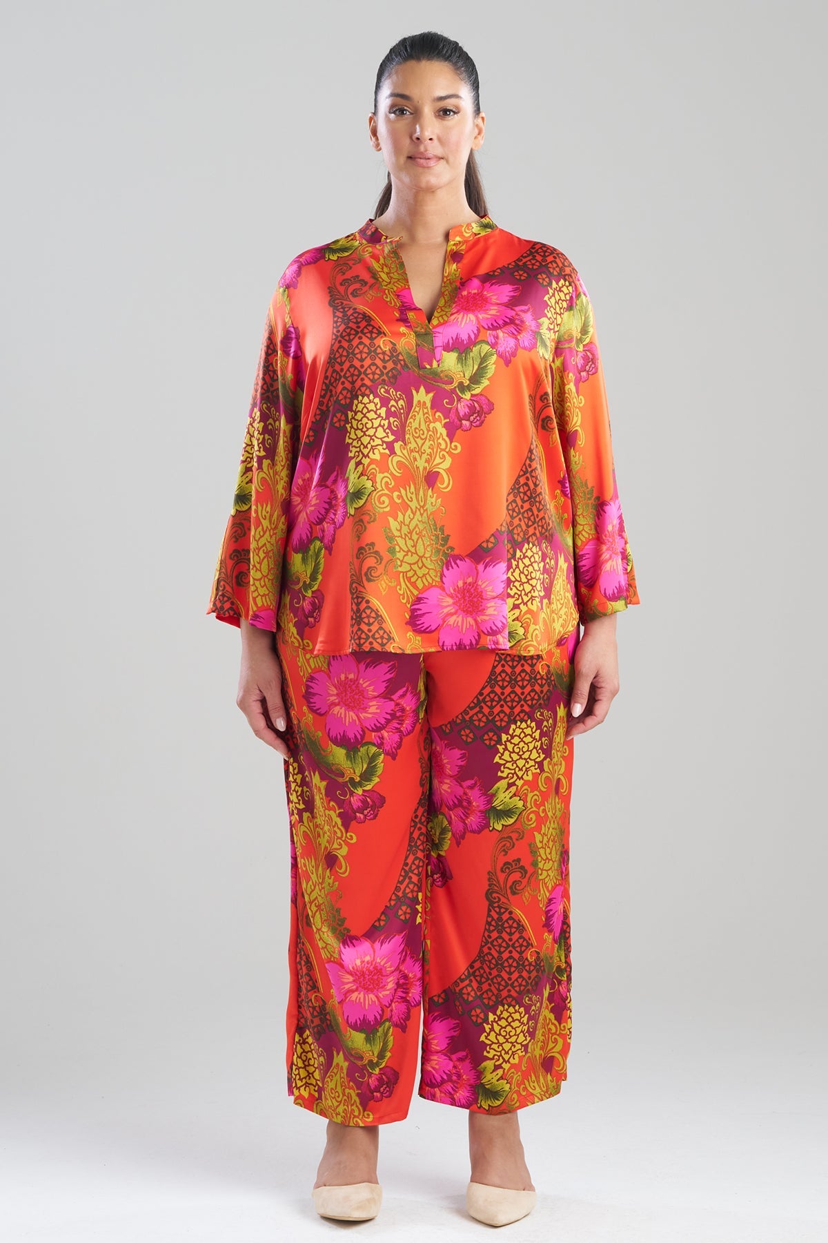Harvest Printed Satin Mandarin PJ Set Harvest Orange Natori