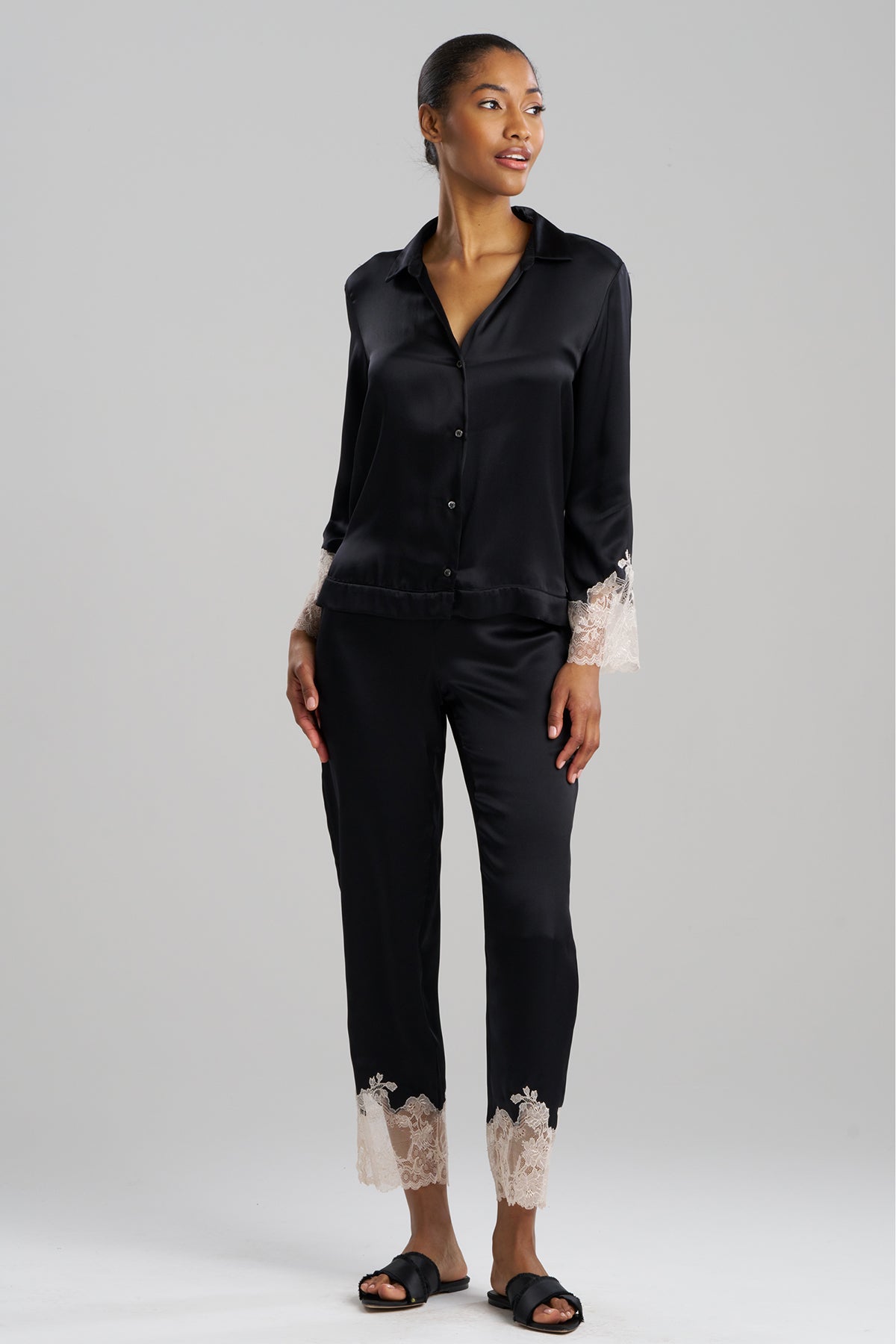 Buy Lolita Lace Trim Silk Notch PJ in Black/Ecru Online Black/Ecru Natori