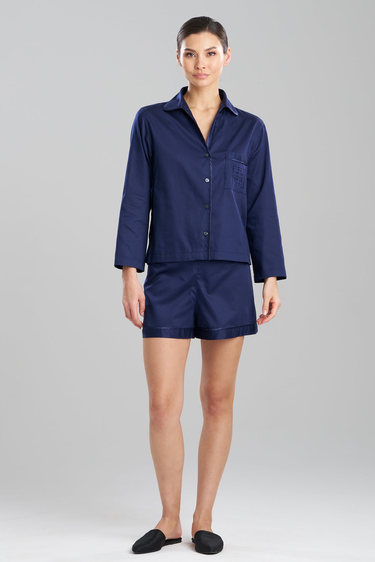 Cotton Sateen Embroidered Essentials Notch Shorts PJ Midnight Navy Natori
