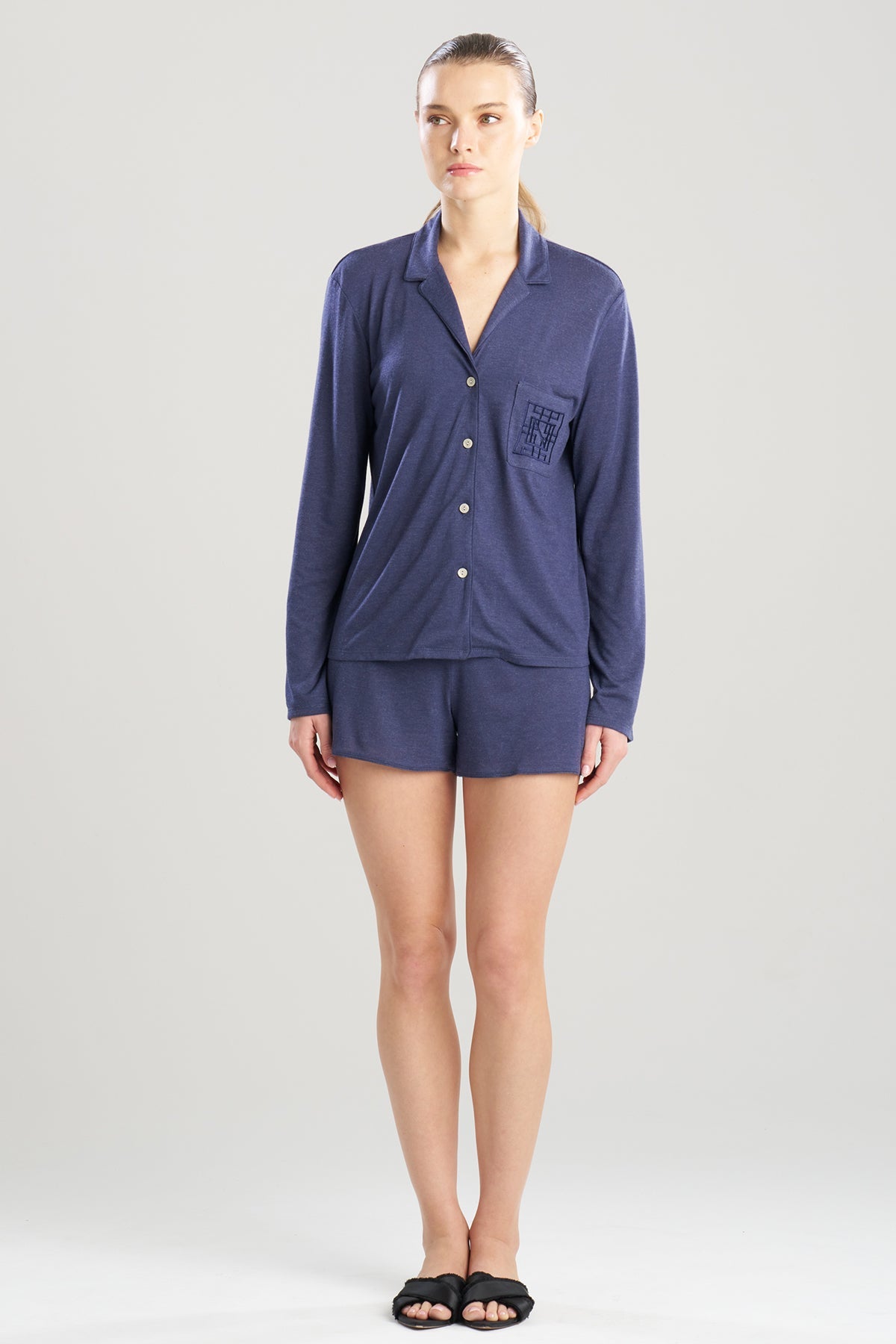Shangri-La Embroidered TENCEL™ Notch Shorts PJ Heather Night Blue Natori