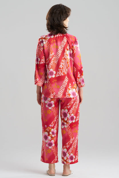 Magnolia Printed Satin Mandarin PJ Set Deep Rasberry Natori