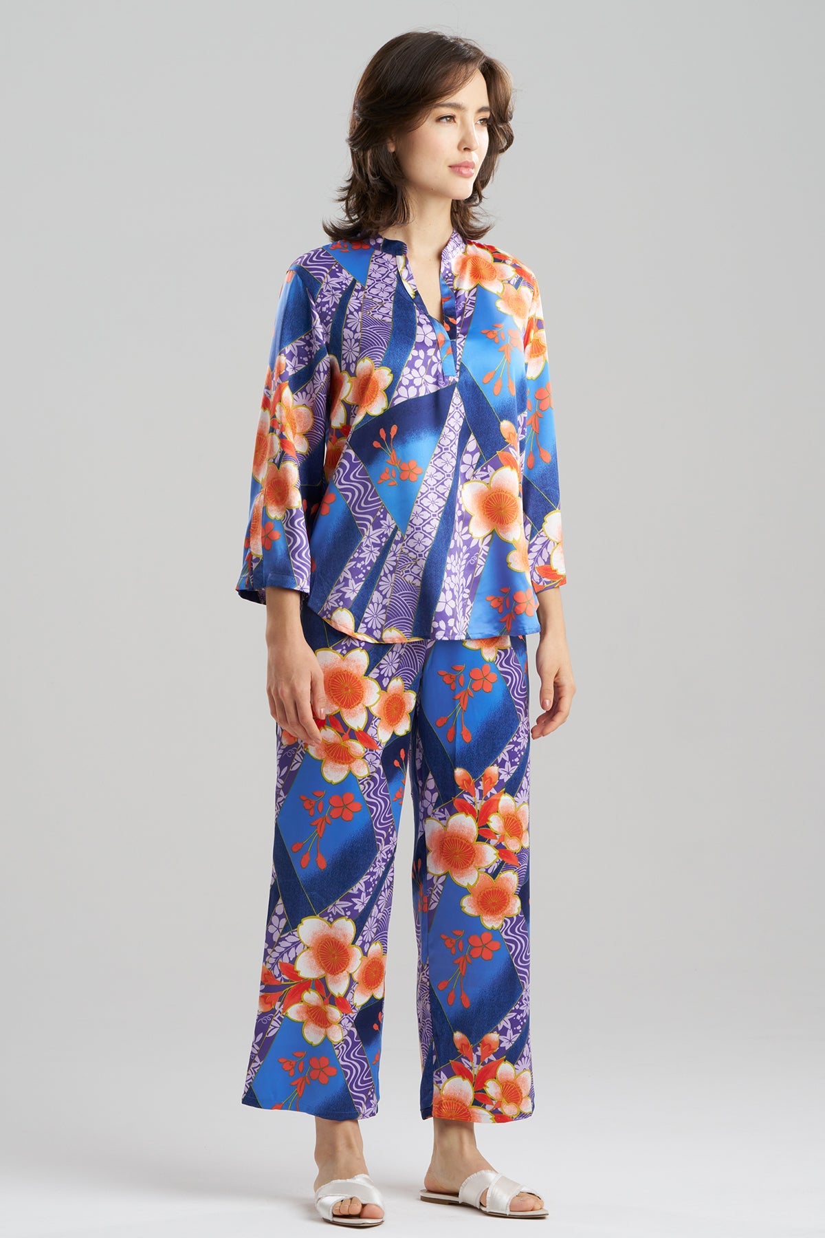 Magnolia Printed Satin Mandarin PJ Set Blueberry Natori