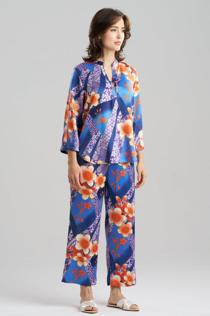 Magnolia Printed Satin Mandarin PJ Set Blueberry Natori