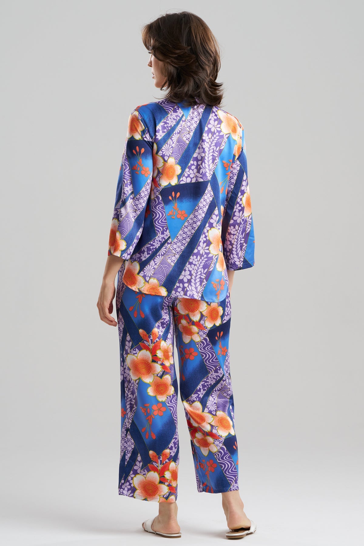 Magnolia Printed Satin Mandarin PJ Set Blueberry Natori
