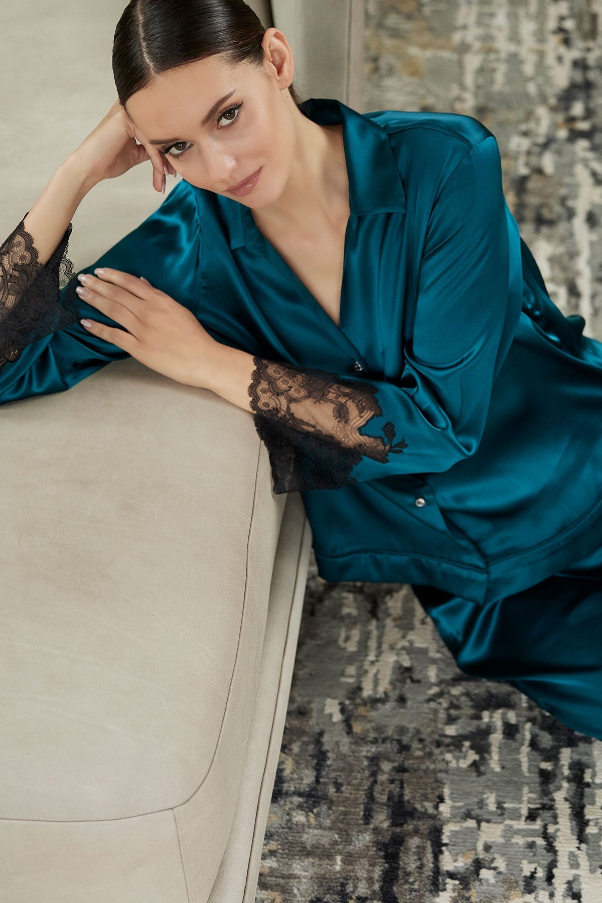 Lolita Lace Trim Silk Notch PJ Spruce Natori