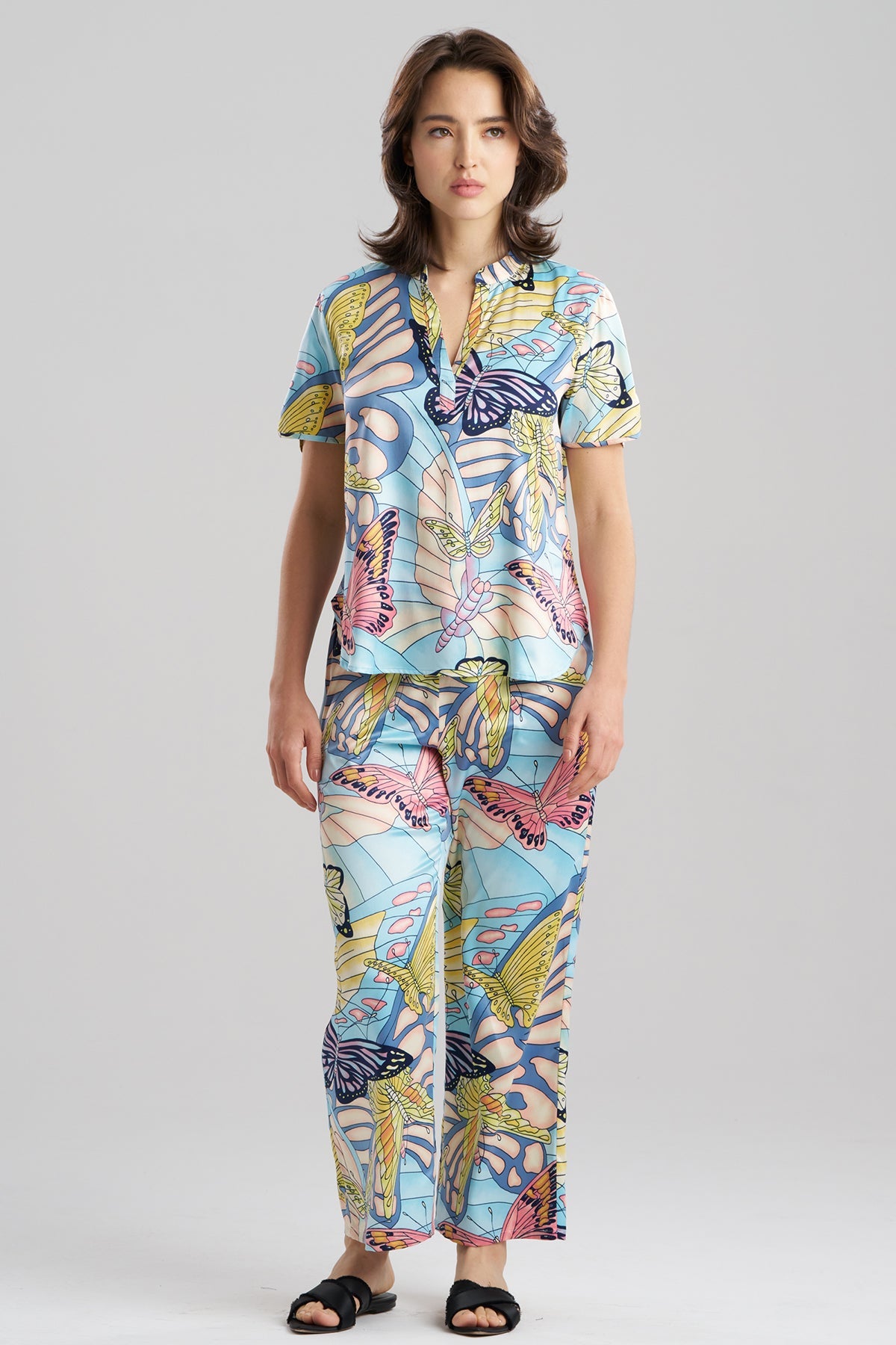 Papillon Printed Satin Mandarin Short Sleeve PJ Set Blue Natori