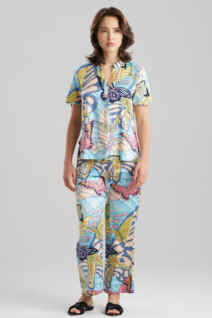 Papillon Printed Satin Mandarin Short Sleeve PJ Set Blue Natori