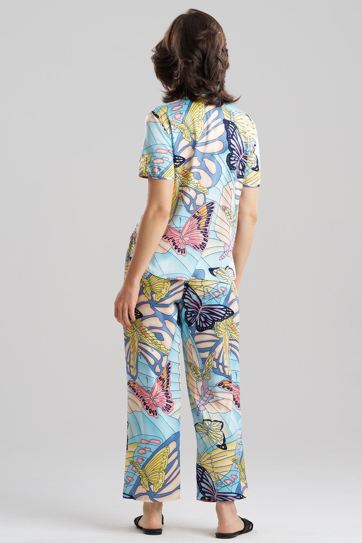 Papillon Printed Satin Mandarin Short Sleeve PJ Set Blue Natori