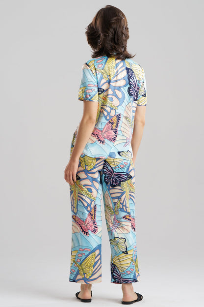 Papillon Printed Satin Mandarin Short Sleeve PJ Set Blue Natori