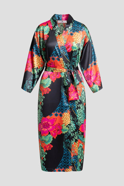 Harvest Printed Satin Robe Harvest Black Natori