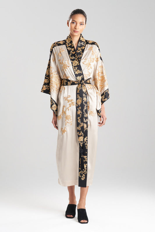 Buy Couture Dragon Embroidered Drop Sleeve Silk Robe in Parchment Online Parchment Natori