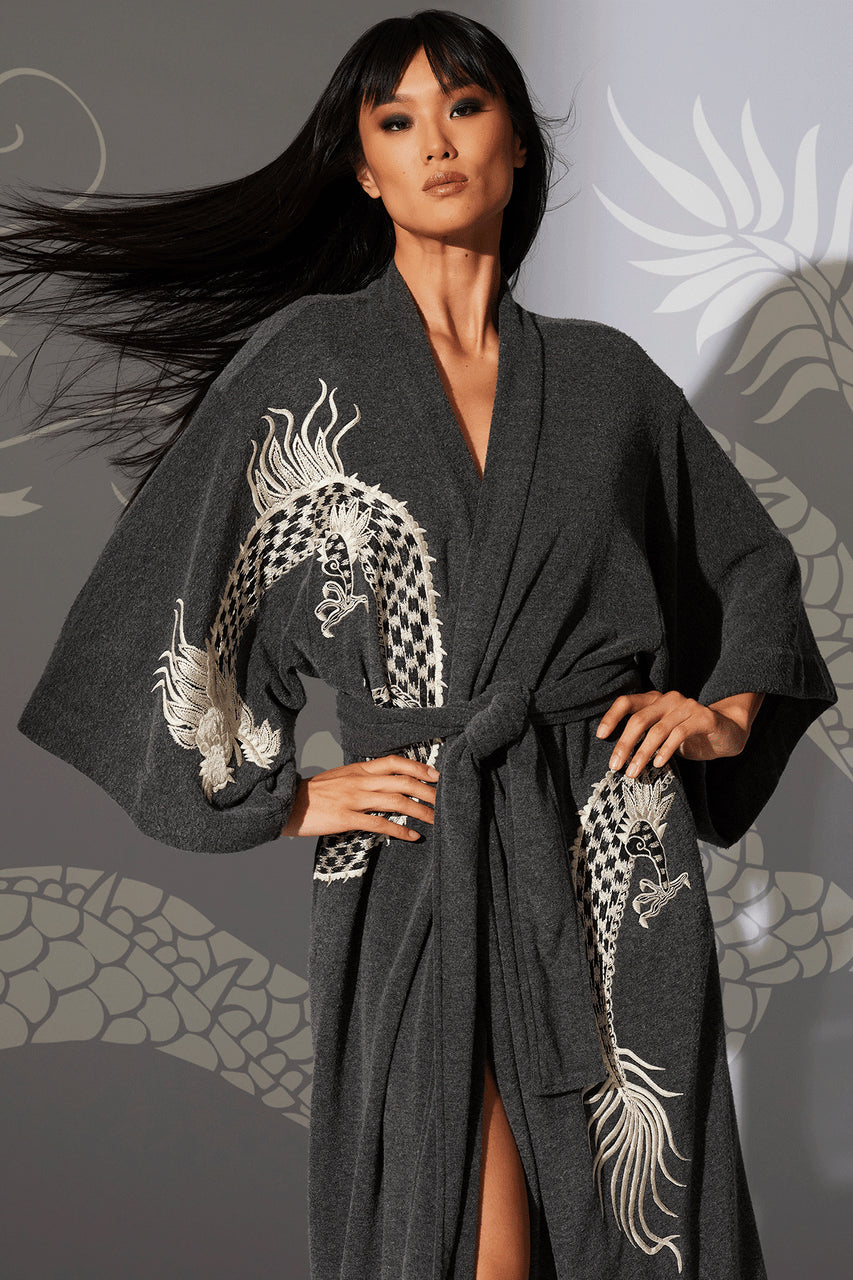 Buy Kham Dragon Embroidered Robe in Black Online Black Natori