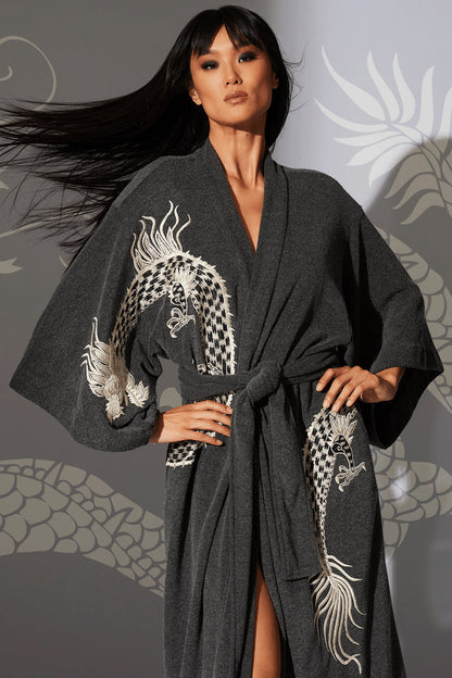 Buy Kham Dragon Embroidered Robe in Black Online Black Natori
