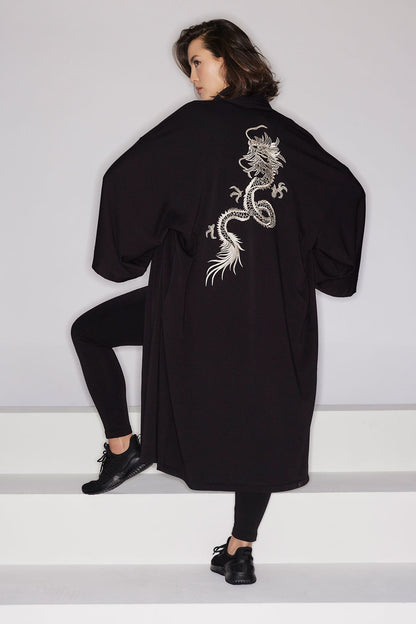 Cocoon Brushed French Terry Dragon Embroidered Robe Black Natori