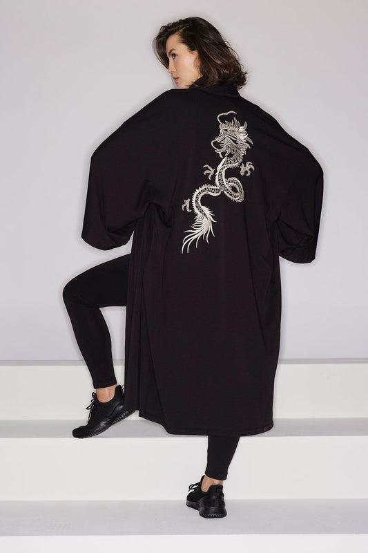 Cocoon Brushed French Terry Dragon Embroidered Robe Black Natori
